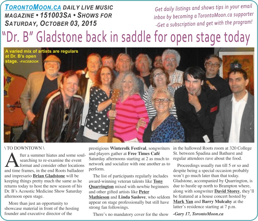 “Dr. B” Gladstone back in saddle for open stage today